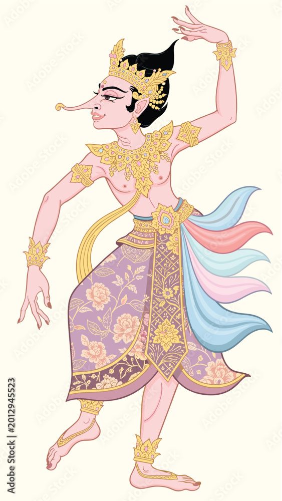 Fototapeta premium Graceful Celestial Dancer Wearing Pastel Wayang Indonesia Costume Illustration Art