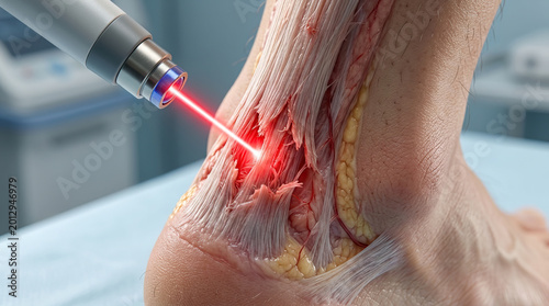 Laser therapy repairing torn Achilles tendon with visible muscle fibers and tissue in medical treatment