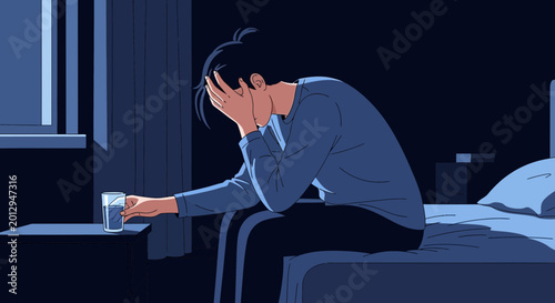Evening Anguish Depiction: A Person Grappling With Mental Distress In The Bedroom Environment