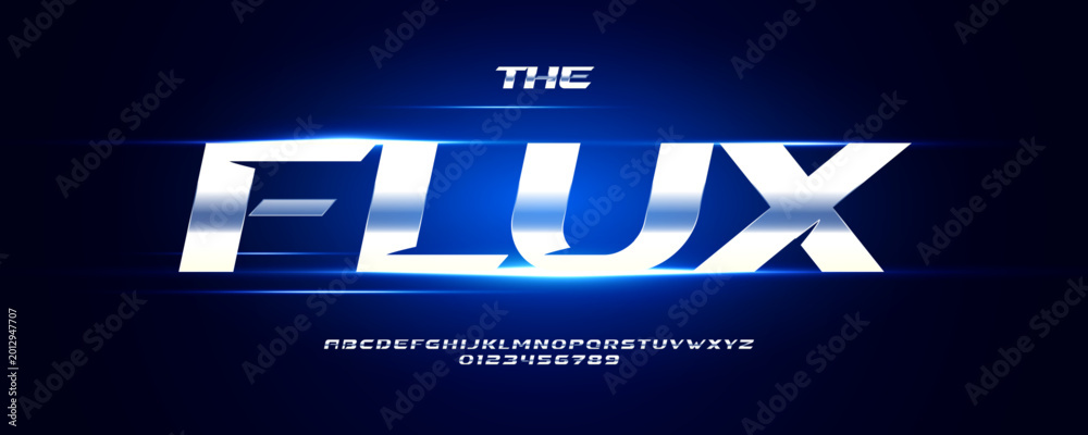 Fototapeta premium Metal Font Sport Logo Speed Race Alphabet English Letter Set Modern Typography, Power Car Racing Typographic Design for Title Text, Run Poster Headline, Sporty Typo Automotive Fonts. Vector Typeface
