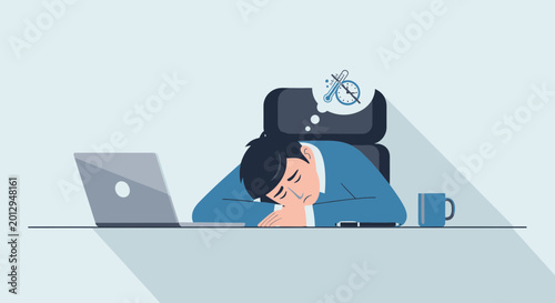Exhausted Office Worker Dreaming of Break Time and Overcoming Fatigue in the Workplace