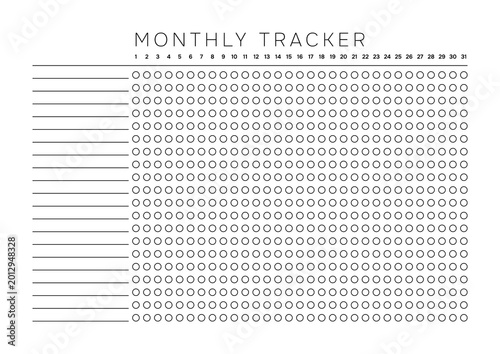 Professional Monthly Tracker A4 Template for 20 Routine Activities and 31 Day Progress Monitoring