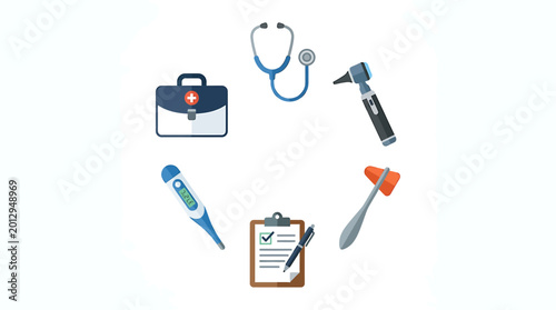 Comprehensive set of essential medical instruments and diagnostic tools for healthcare professionals, arranged circularly on a white background, representing general medical practice
