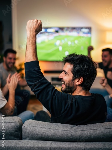 Side-rear view of a man on a couch raising his fist in triumph while watching a blurred soccer game, capturing excitement.