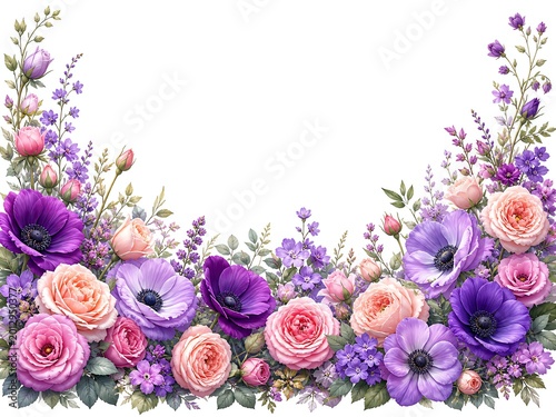 Floral arrangement with purple anemone flowers and pink roses border.
