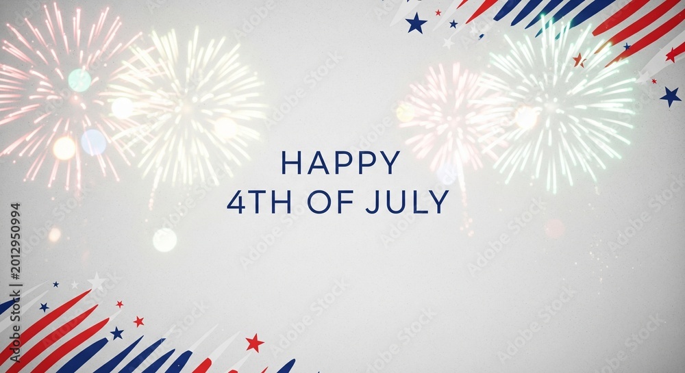 Obraz premium Happy 4th of July text with fireworks and patriotic red white and blue abstract brush strokes and stars on a light background, festive celebration graphic design
