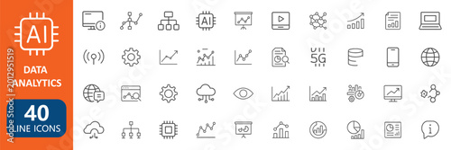 Data Analytics Line Icons Set Featuring AI Dashboard Statistics and Business Visualization