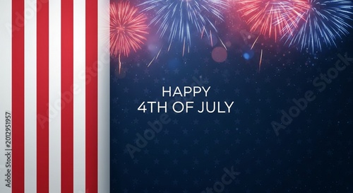 Happy 4th of July fireworks display with American flag stripes background and star pattern overlay, festive celebration graphic design