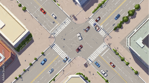 Overhead view of city street intersection.