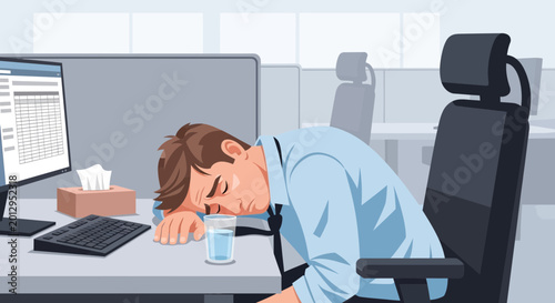 Exhausted Office Worker Slumbering At Desk, In Need Of a Nap and Recovery
