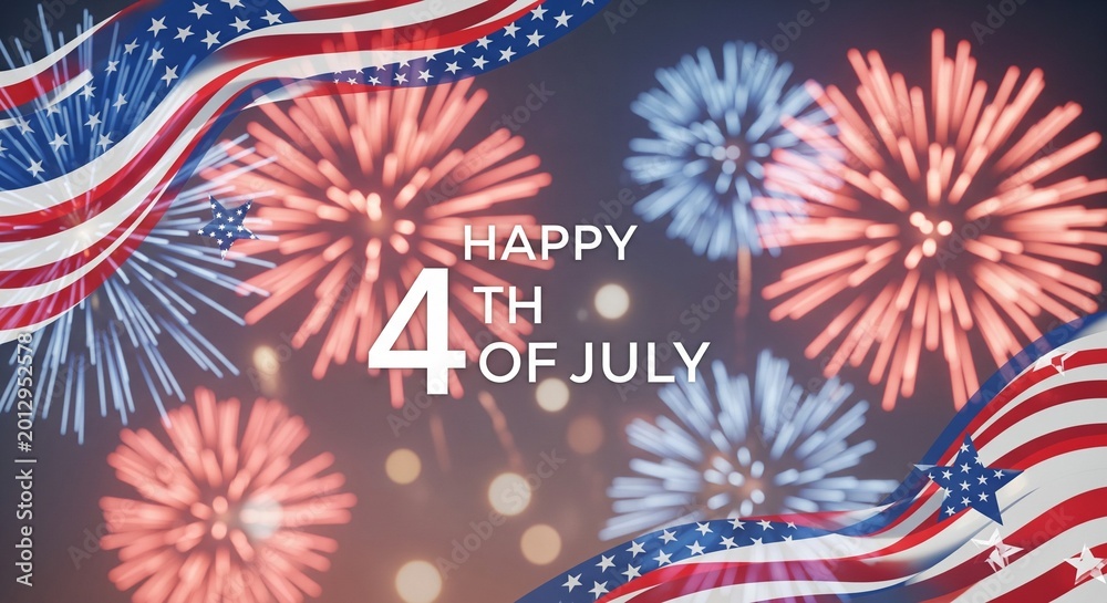 Fototapeta premium Happy 4th of July celebration with American flag elements and vibrant fireworks display in a festive patriotic background, symbolizing national pride and independence day festivities.