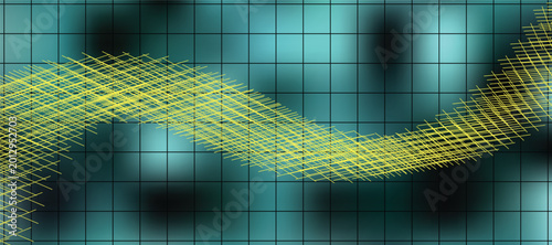 Abstract wavy yellow and gray lines on green grid background