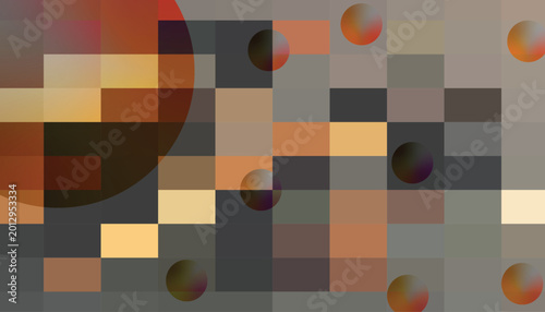 Abstract geometric pattern with circles and squares in warm earth tones with gradient orbs and squares