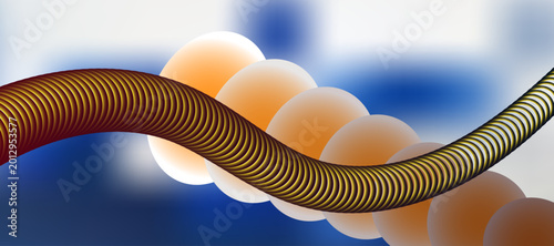 Abstract golden wavy tube with glowing spheres on blue