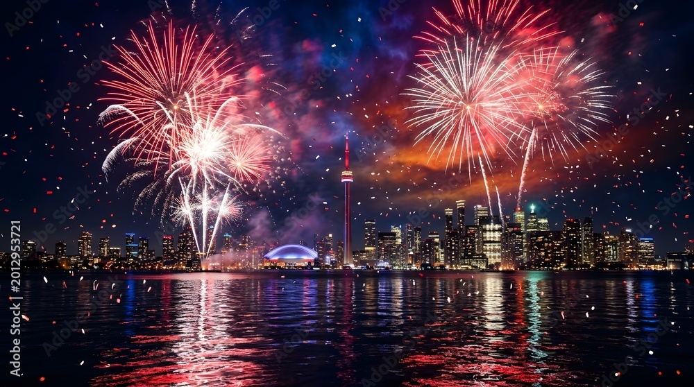 Obraz premium Vibrant fireworks exploding over Toronto skyline on a warm summer evening, reflecting off Lake Ontario, celebrating Canada Day on July 1st.