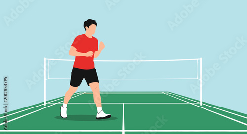 Foto Badminton player preparing to serve on court with net