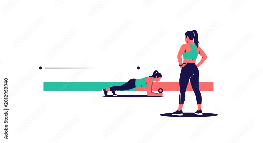 Fototapeta premium Fitness woman doing plank exercise, trainer watching, workout illustration