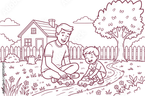 Fotografija Silhouette of a man and a boy playing with toy cars in a garden