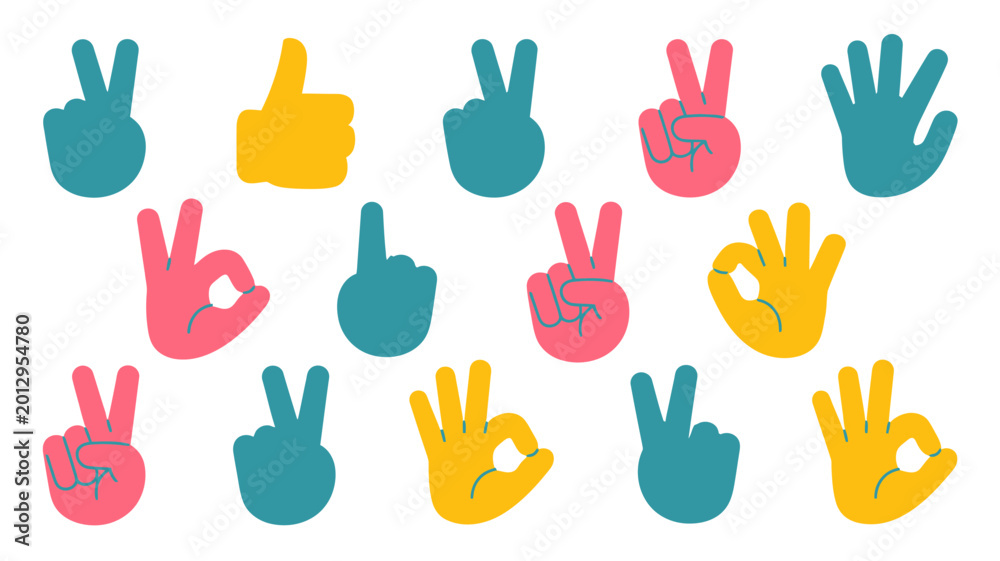 Fototapeta premium Colorful hand gestures collection flat vector illustration on a white background high quality professional detailed modern