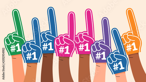 Billede på lærred Diverse hands holding foam fingers with number one colorful vector illustration