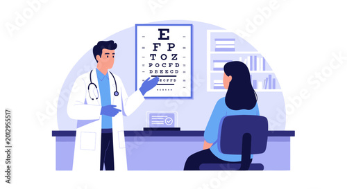 Eye Doctor Examines Patient Vision And Displays Test Letter Chart In Clinic Office