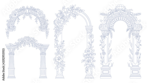 Fotografie Vintage floral archways and column designs detailed line art on a white backgrou