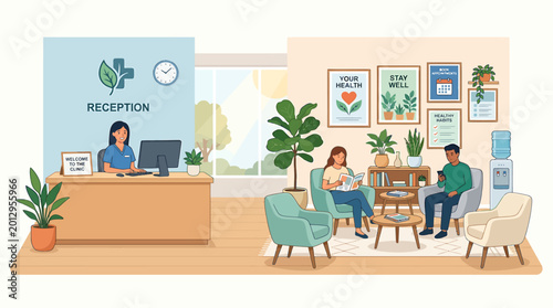 Modern medical reception area with waiting room and healthcare artwork creating a calming and professional atmosphere for patients