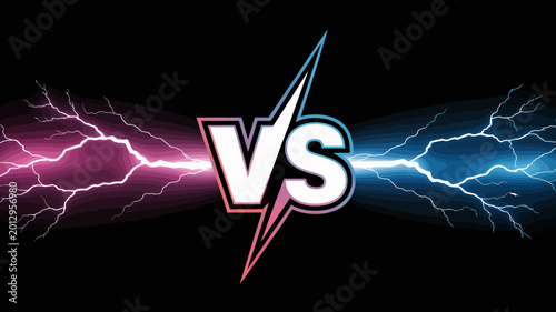 Bild auf Leinwand Vs graphic with electric lightning bolts pink and blue energy clash on black bac