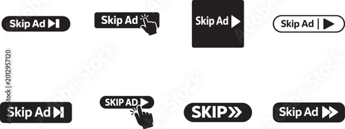Schilderij op canvas Skip ad button black vector icon set for advertising, video player, click action and UI design