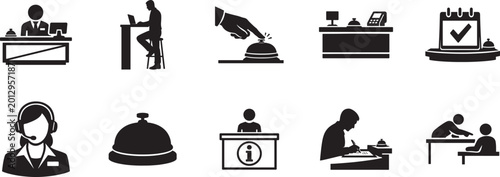 Reception desk line icon set with hotel service, receptionist, reservation and guest support.
