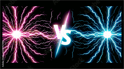 Bild auf Leinwand Electric energy versus battle concept with pink and blue lightning bolts against