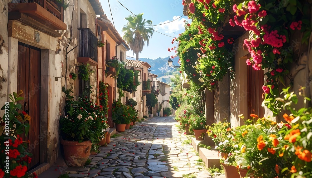 Fototapeta premium Sunlit floral street scene