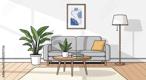 Minimalist modern living room interior illustration with gray sofa