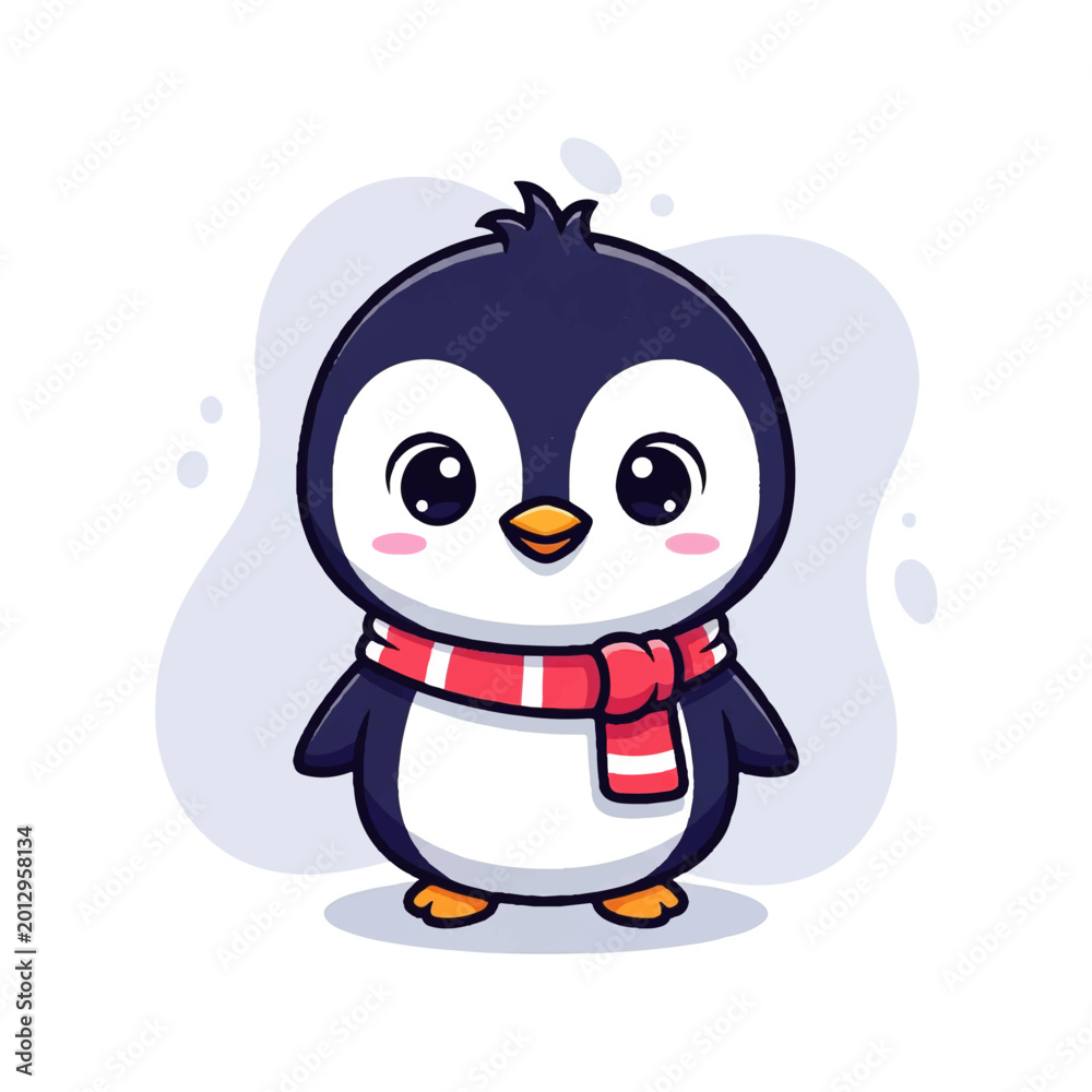 Fototapeta premium Cute vector flat design illustration of a baby penguin wearing a red scarf, perfect for winter themes