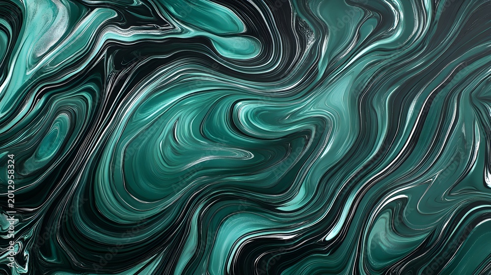 Fototapeta premium Swirling emerald and black fluid marble pattern abstract