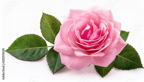 pink rose flower with leaf and stem isolated on white white background