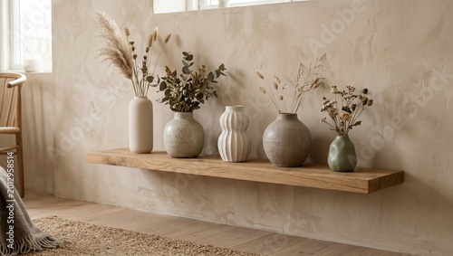 Assortment of vases with dried plants on a rustic wooden shelf, pampas grass