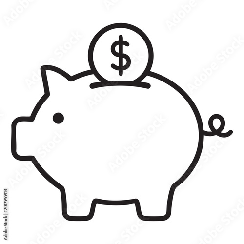 Vászonkép Simple black line art piggy bank with dollar coin