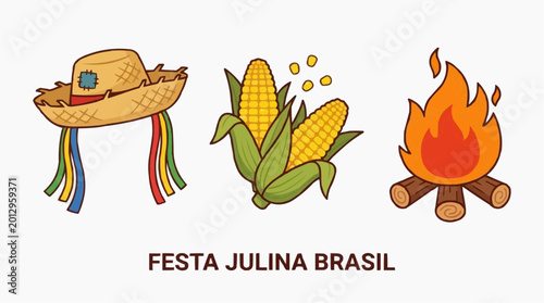 Festa junina brazil elements traditional straw hat, corn cobs, and bonfire