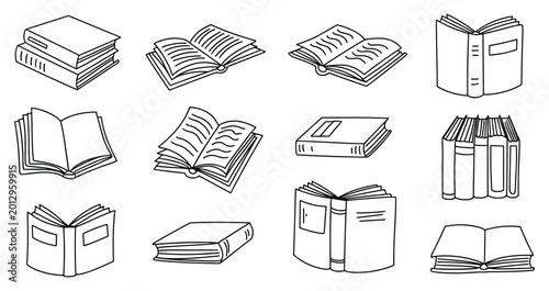 Bild auf Leinwand Book Collection: A diverse compilation of book drawings, open and closed, set against a pristine backdrop, creating a canvas of knowledge and imagination