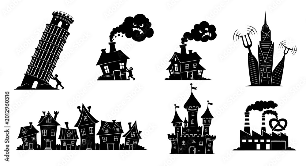 Fototapeta premium Creative architecture concept set featuring stylized buildings houses and landmark icons in black silhouette style.