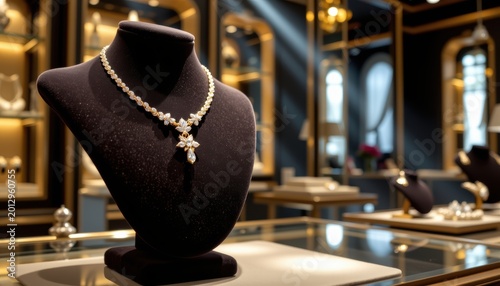 Elegant diamond necklace displayed on a black bust in a luxurious jewelry store.
