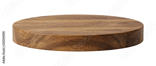 Round wooden cutting board or product display podium made of acacia wood. Isolated on transparent background, png