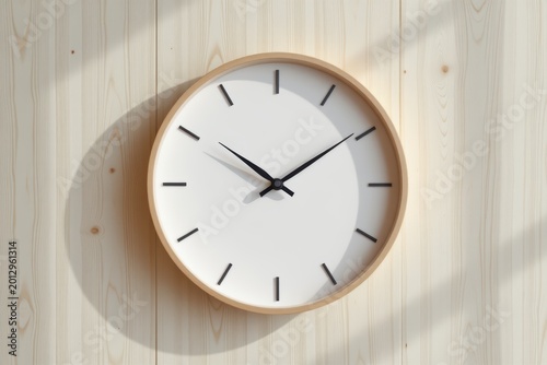 Wall clock with minimalist design casting a shadow on light wooden paneling.