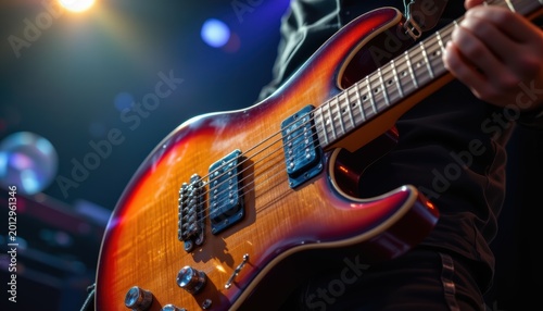 Close-up of a person playing a sunburst electric guitar on stage with colorful lights.
