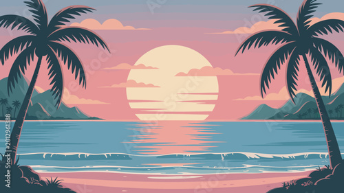 Tropical beach scene with palm trees and sunset stylized vector illustration high quality professional detailed modern