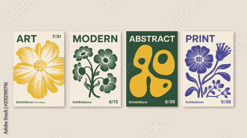 Obraz na plátně Four floral art prints with text modern graphic design on colored backgrounds hi