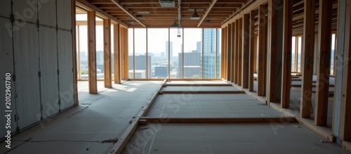 Empty commercial building interior under construction with exposed framing and large windows