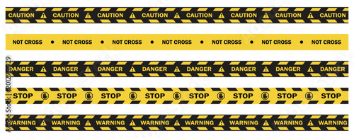 Foto Warning Barrier Tape Set with Industrial Safety Stripes and Hazard Symbols Vecto