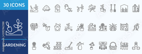 gardening
- Icon Collection. Thin outline Set contains such Icons as soil, compost fertilizer, watering,  seedlings, pruning, pots, garden tools, greenhouse and more. Simple web icons set
